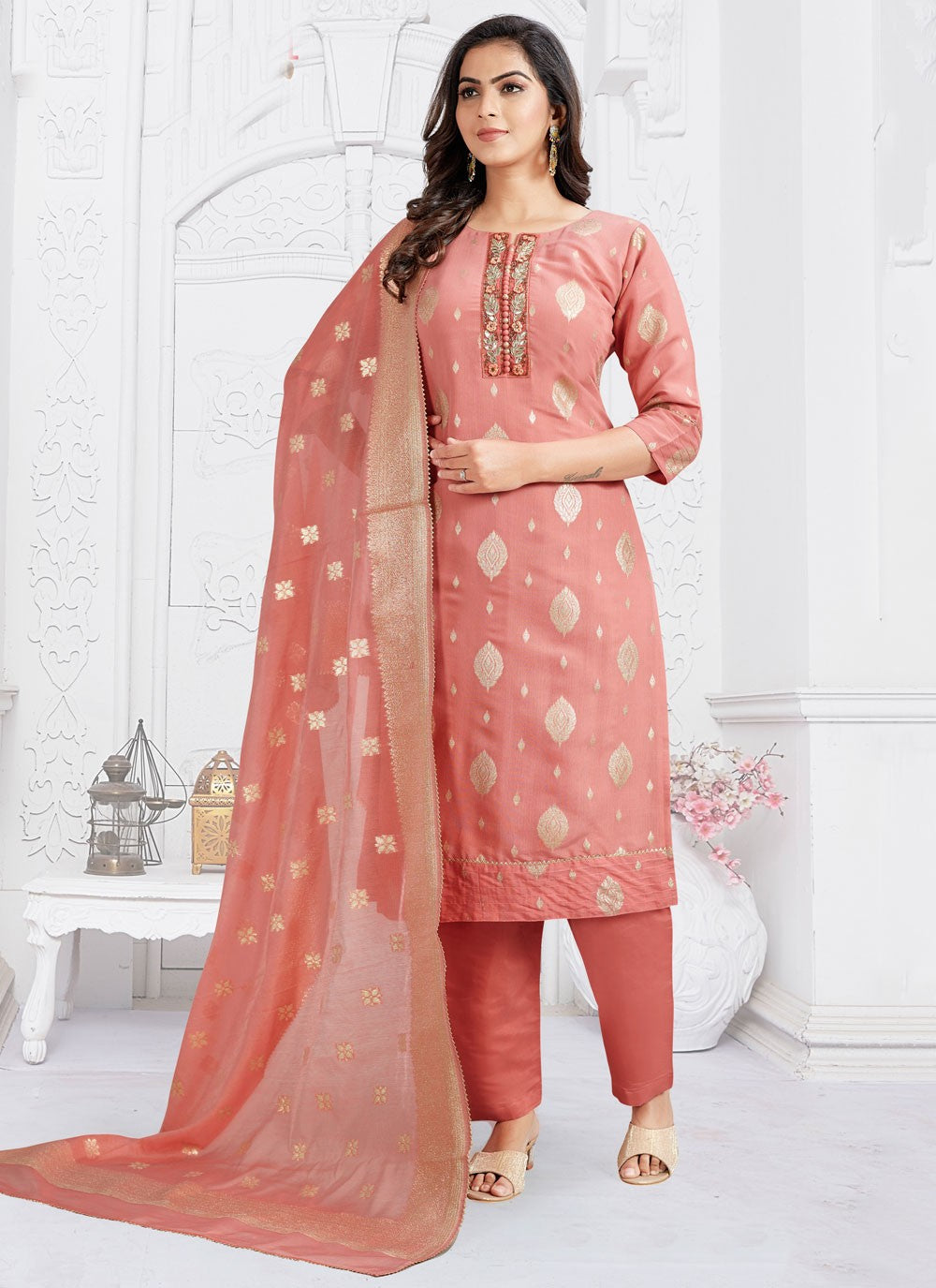 Archive Embroidered, Jacquard Work, Zari 316761 Peach T6810