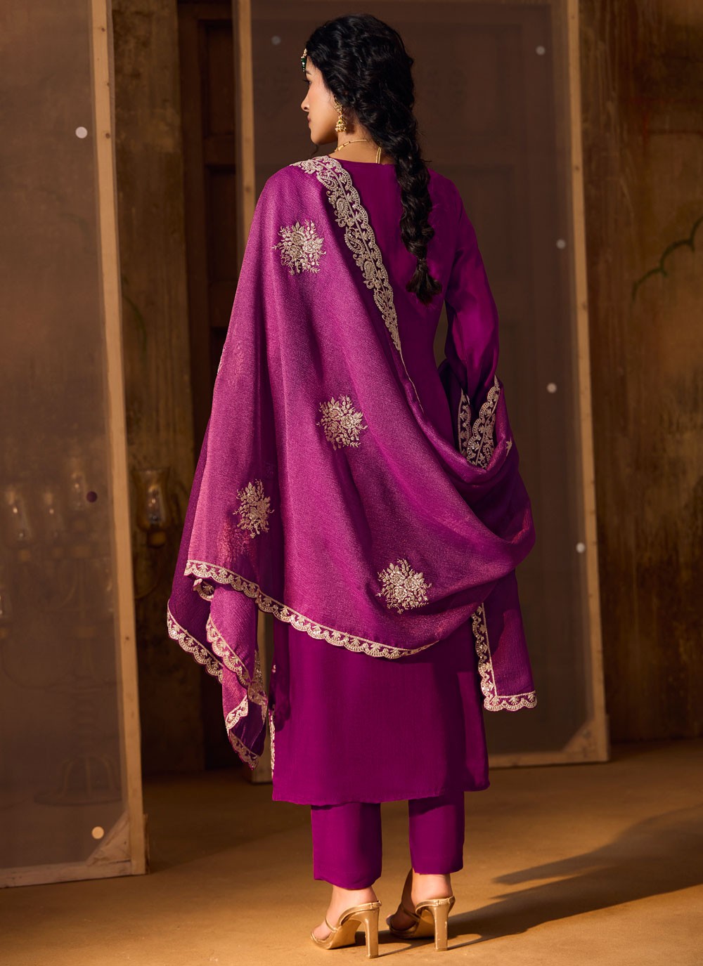 Salwar Suit Embroidered Purple Silk T5554