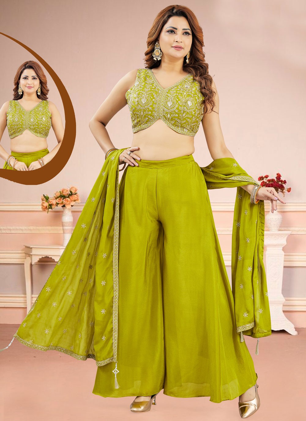 Salwar Suit Embroidered Green Silk T5806