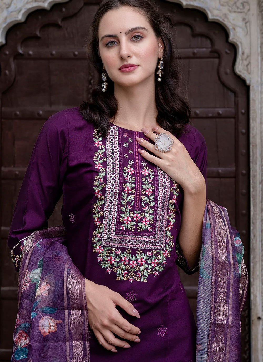 Pant Style Suit Embroidered Purple T6977