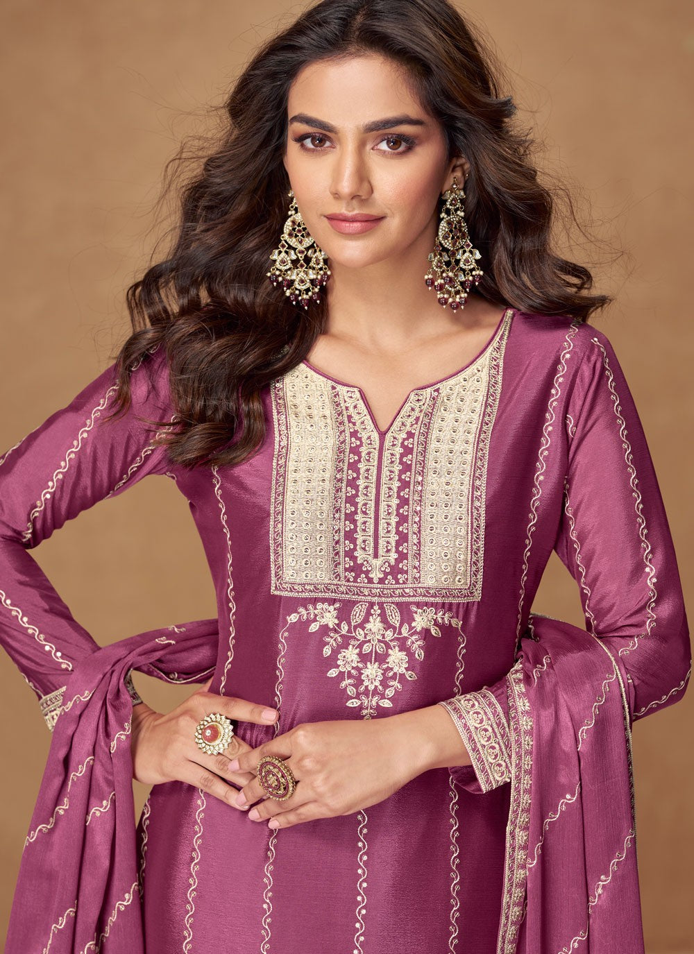 Palazzo Suit Embroidered Purple T7795