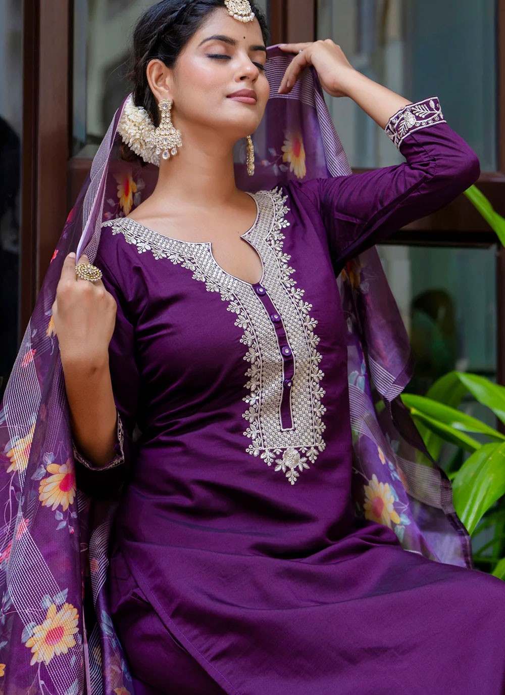 Pant Style Suit Embroidered Purple T6936