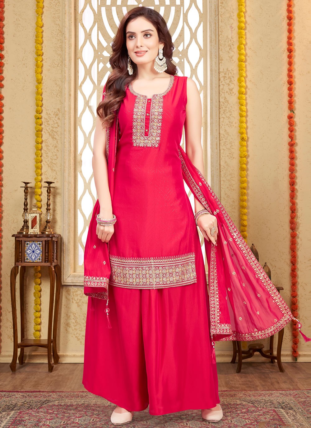 Salwar Suit Embroidered Pink Silk T5697