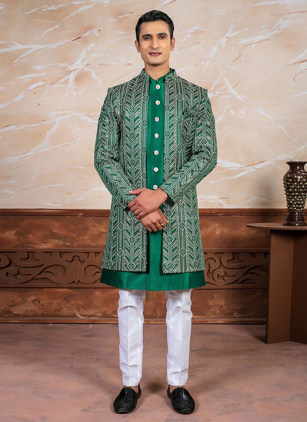 Embroidered Silk Green Sherwani - M8318