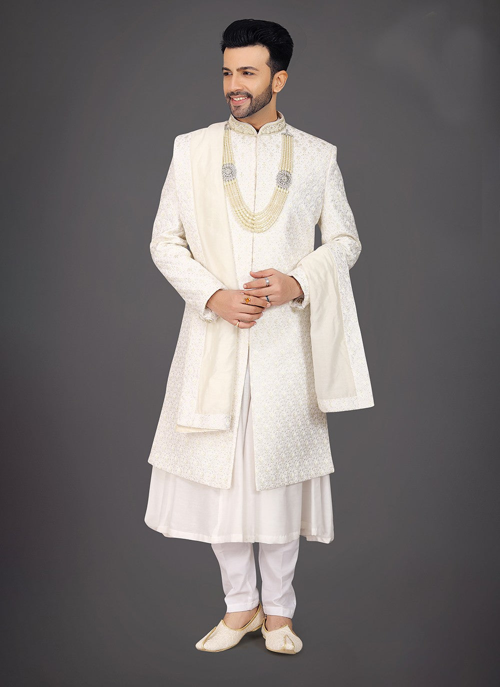 Embroidered Silk Off White Sherwani - M7986