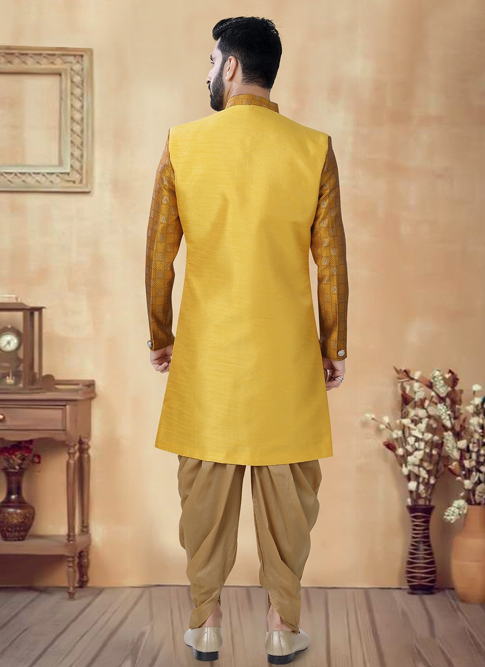 Embroidered Silk Yellow Sherwani - M8506