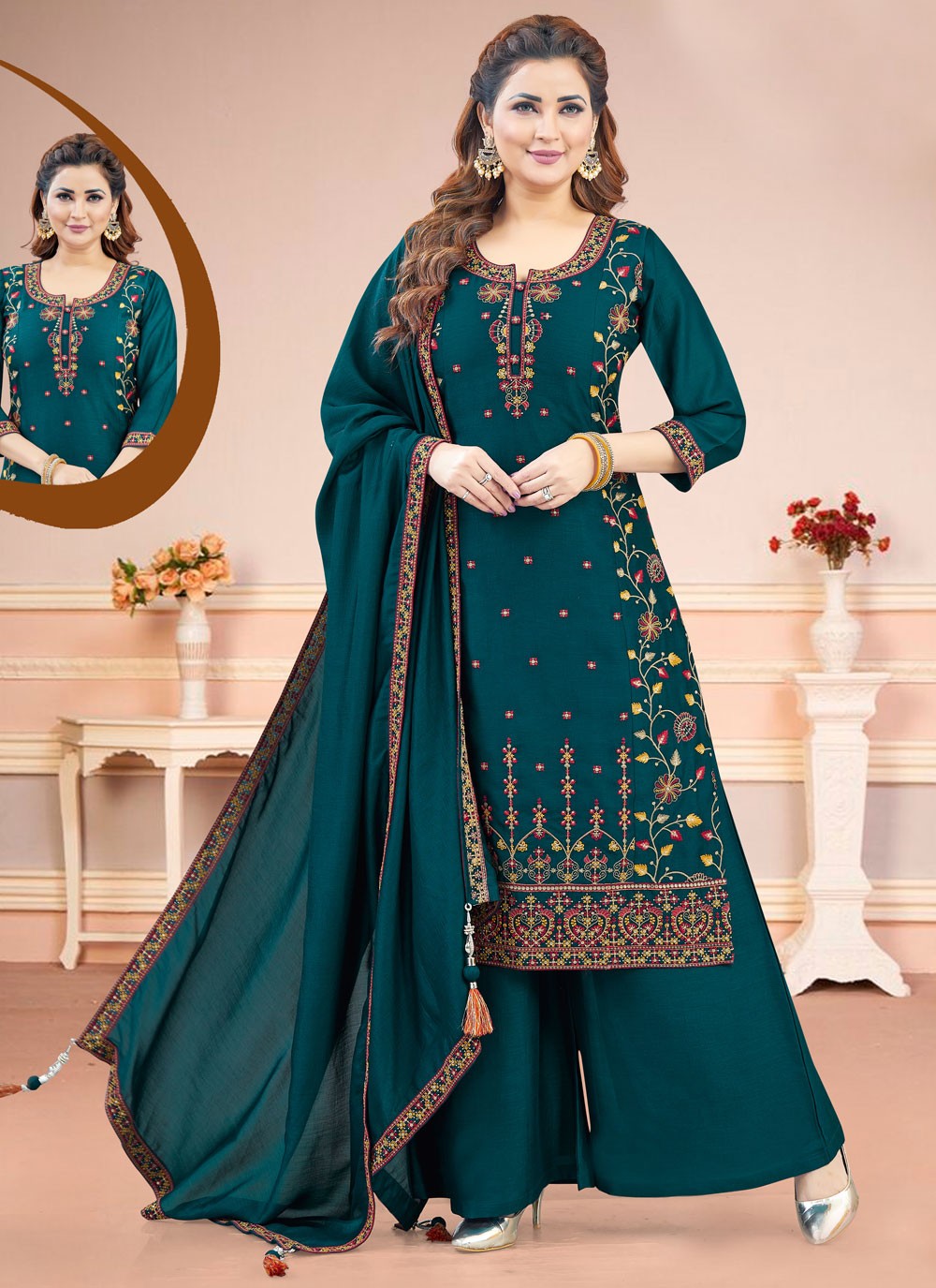 Salwar Suit Embroidered Morpeach Silk T5828