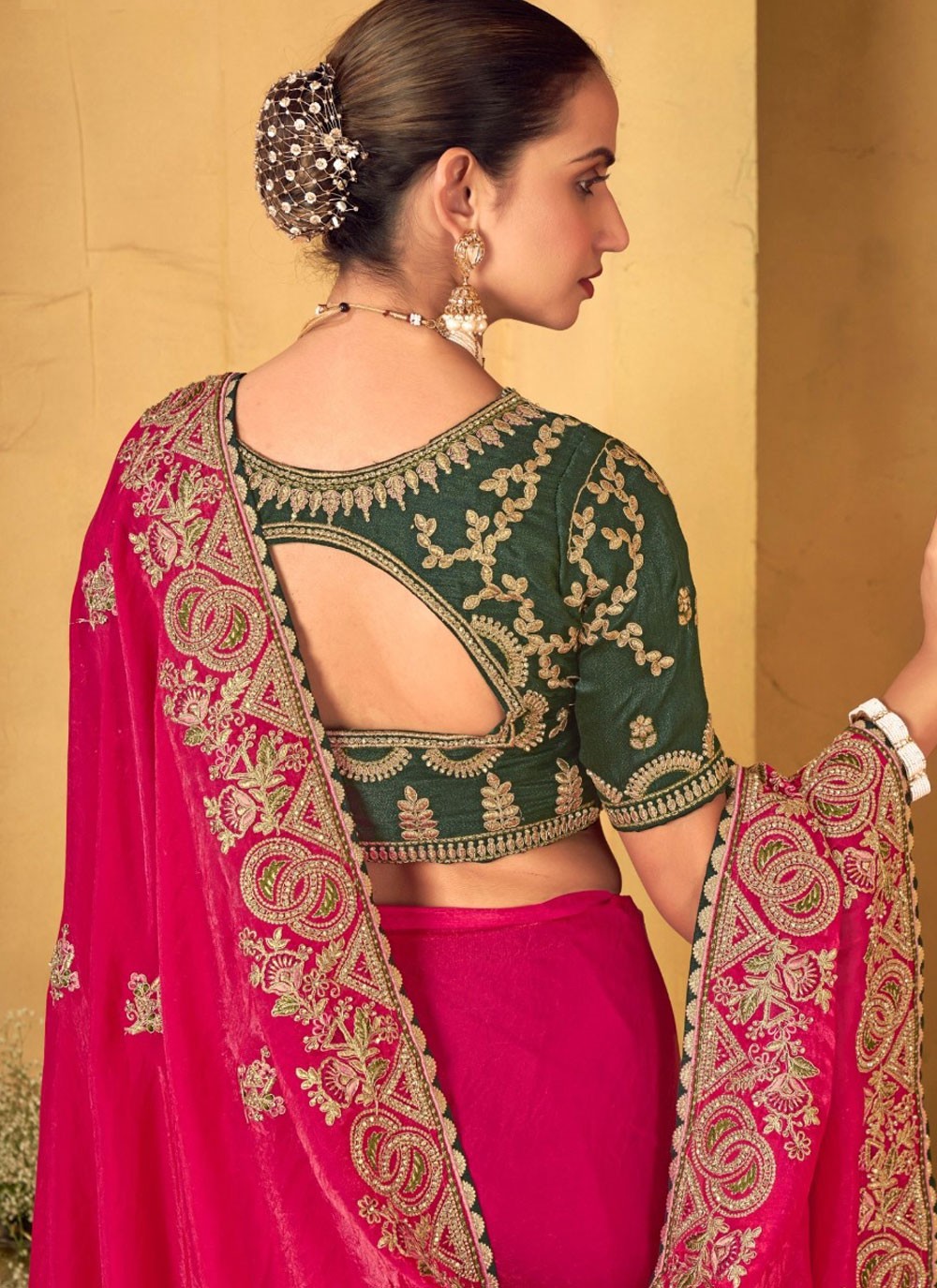 Border Work Silk Hot Pink Classic Saree S14941