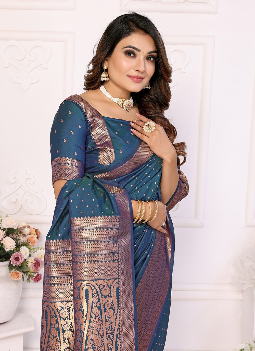 Woven Silk Morpeach Classic Saree S15090