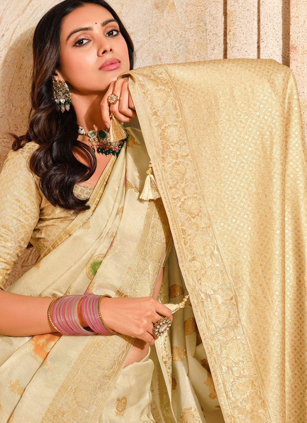 Traditional Fancy Work Cream Silk Saree S13266