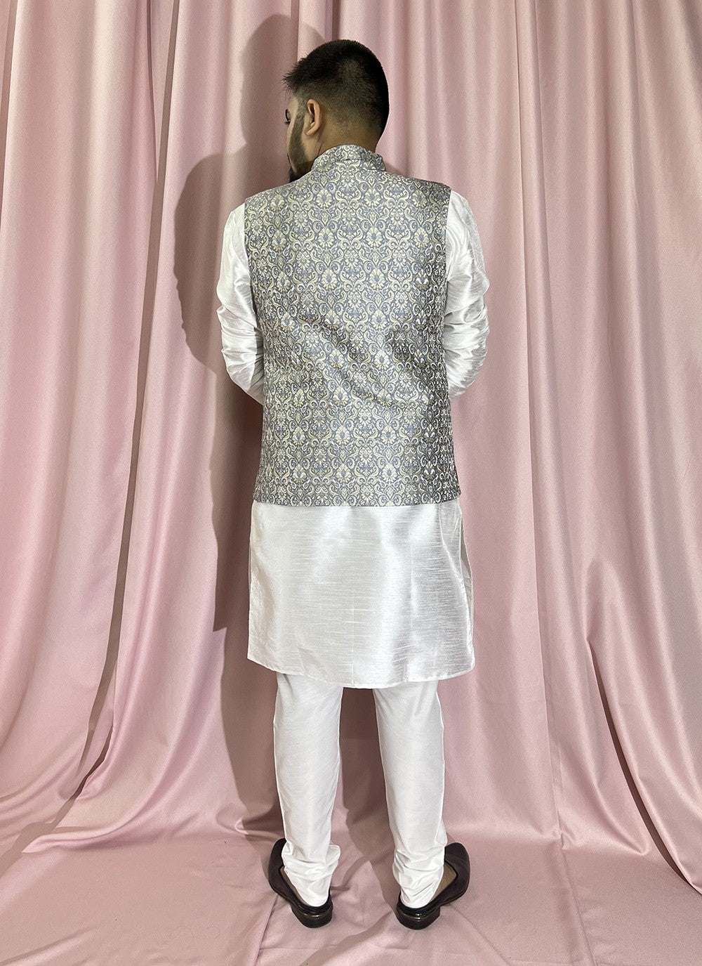 Fancy Work Jacquard, Silk Grey, White Kurta Payjama With Jacket - M5882