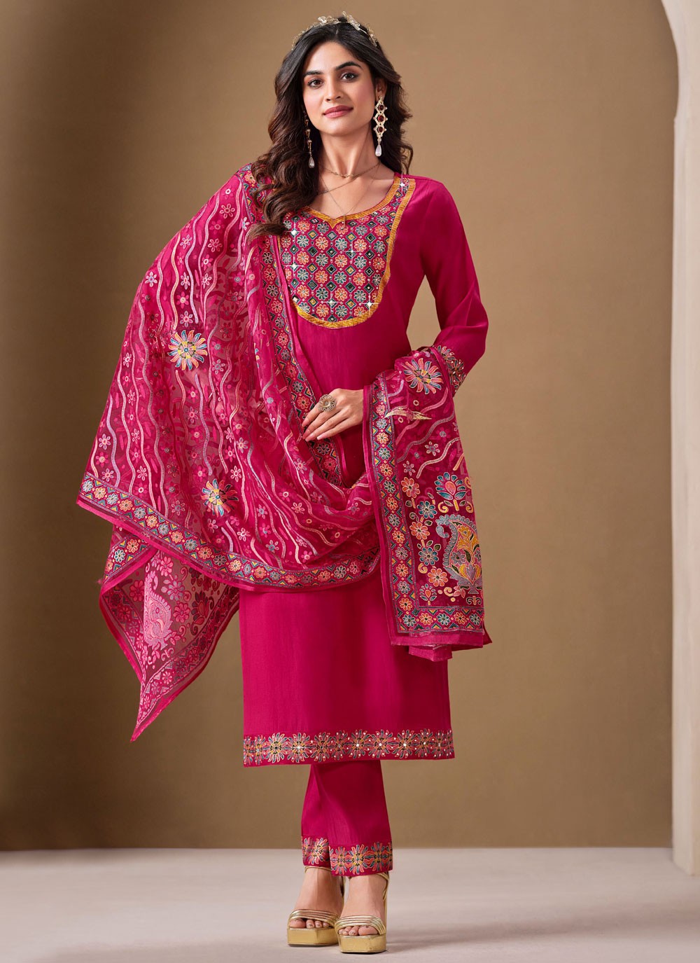 Pant Style Suit Fancy Work, Stones Hot Pink T7862
