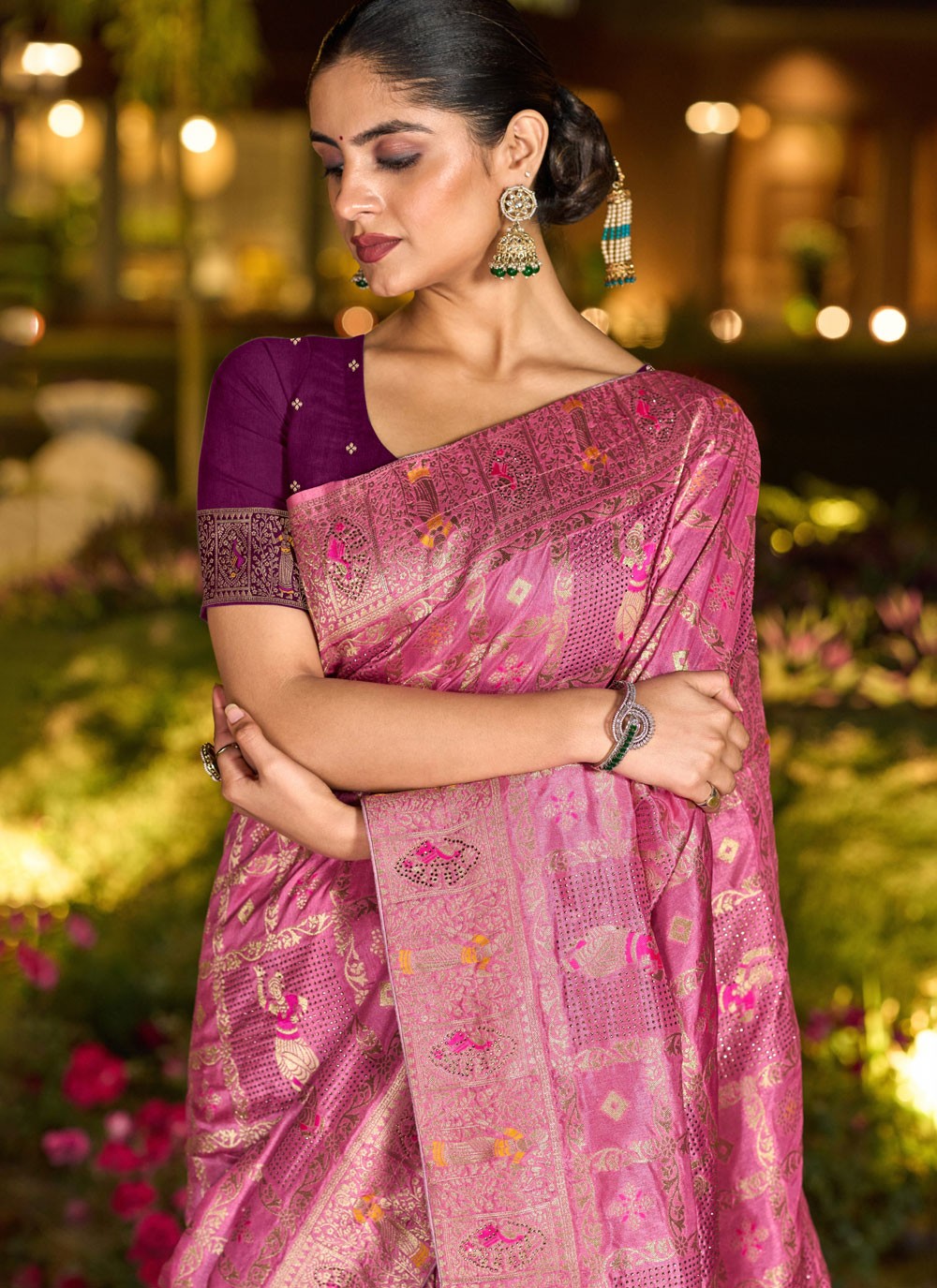 Hot Pink Pure Dola Traditional Saree Fancy Work, Stones, Woven S17326