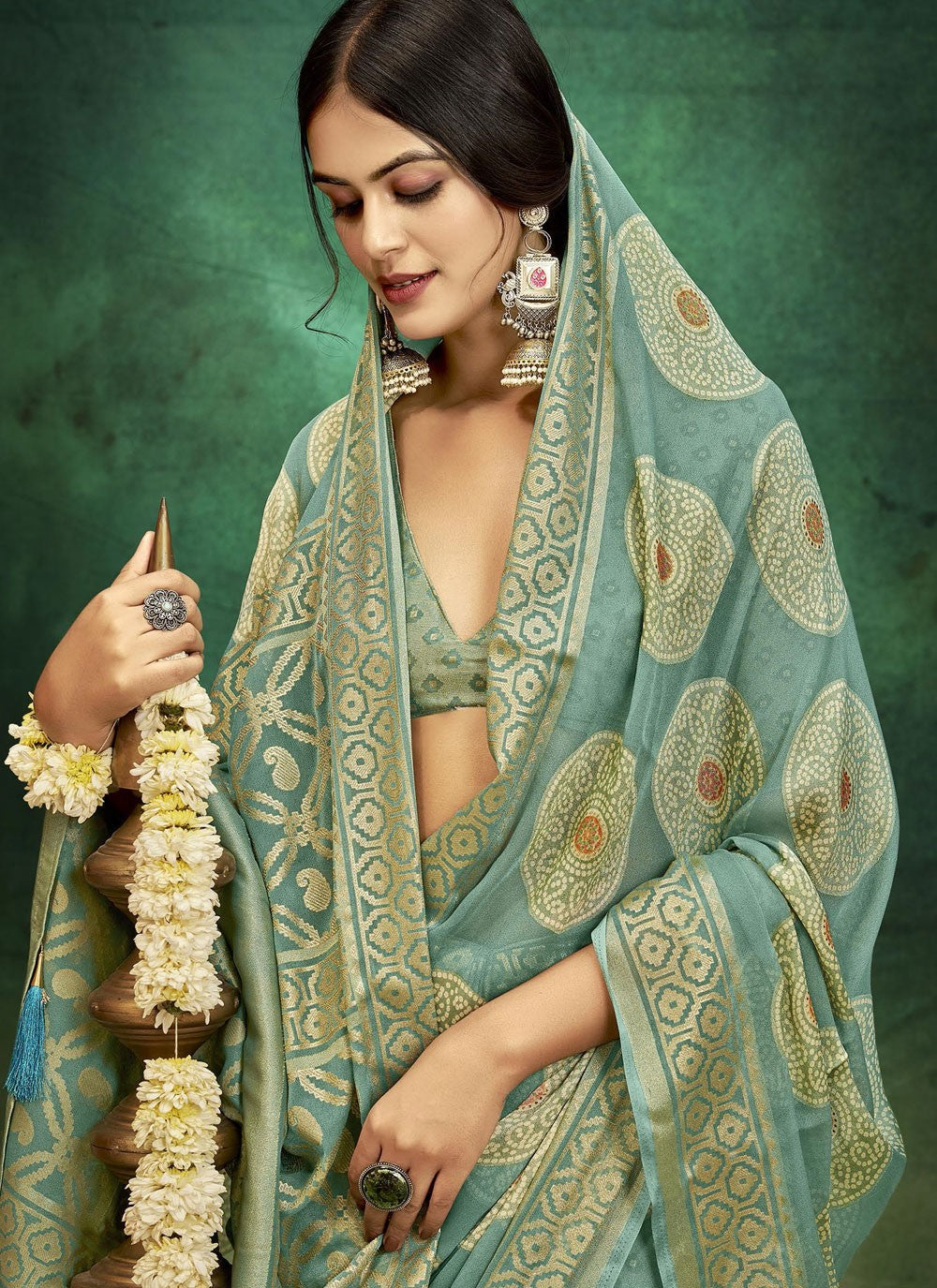 Sea Green Silk Classic Saree Jacquard Work, Printed S17391