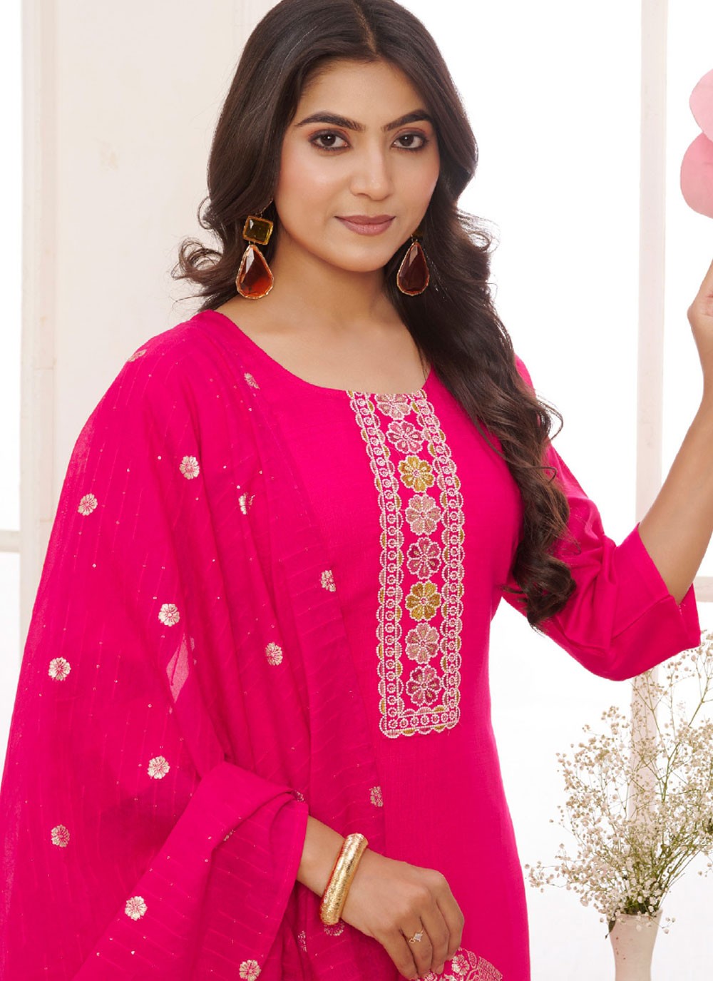 Embroidered Silk Magenta Pant Style Suit T6582