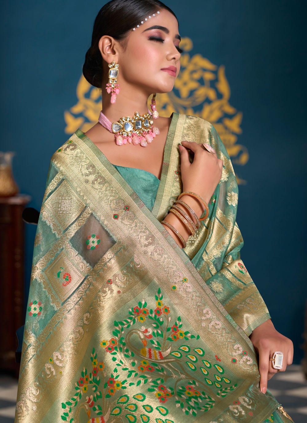 Classic Saree Multi Work Firozi Organza Saree S13186