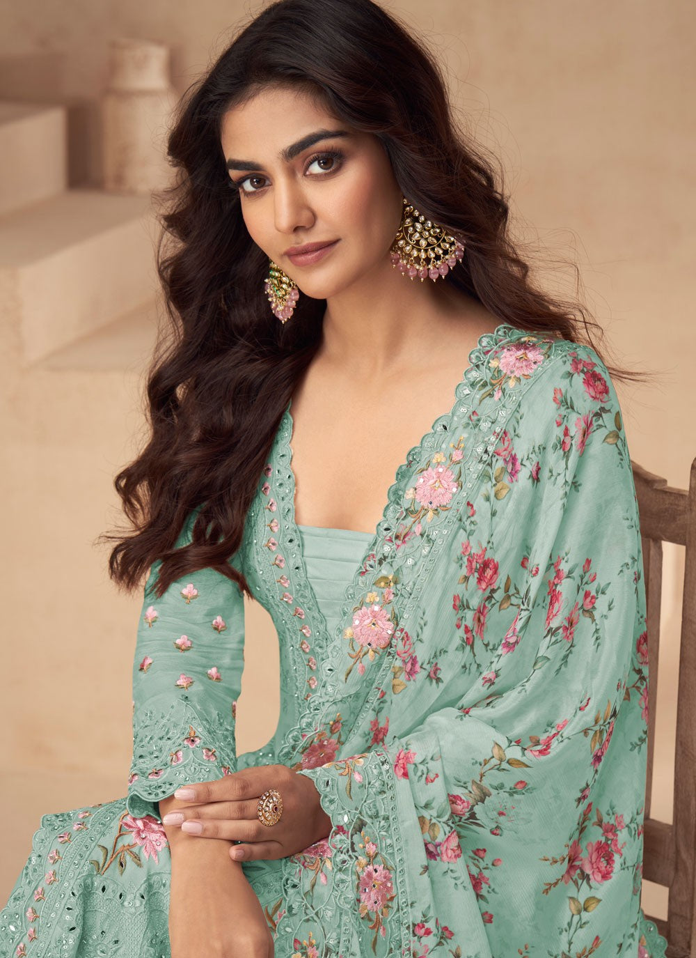 Palazzo Suit Embroidered, Mirror, Sequins, Stones, Zari Firozi T6996