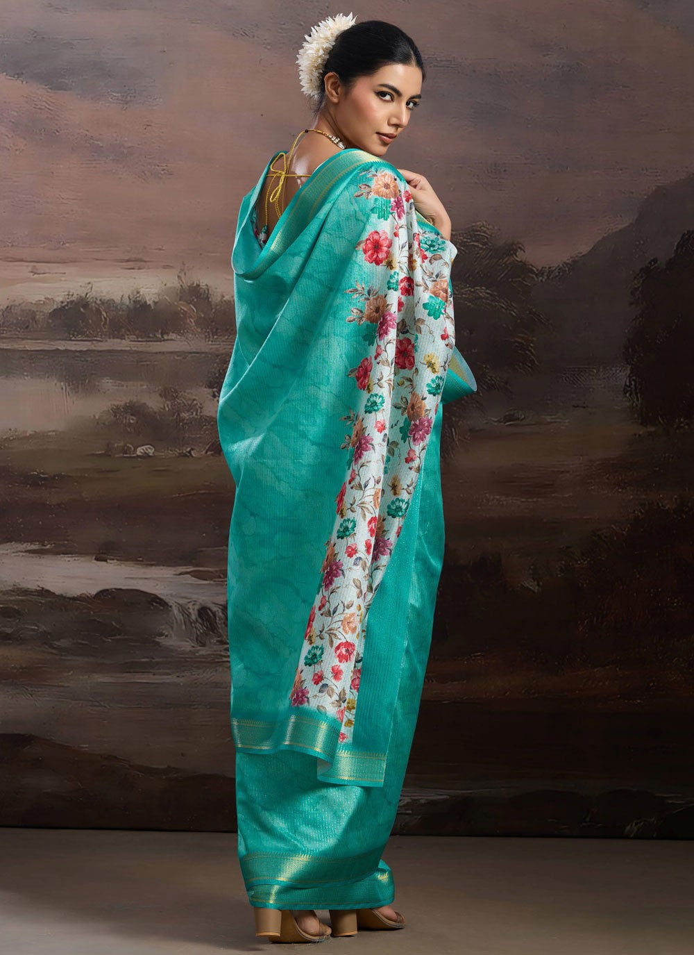 Sea Green Silk Contemporary Saree Floral Printed S19537