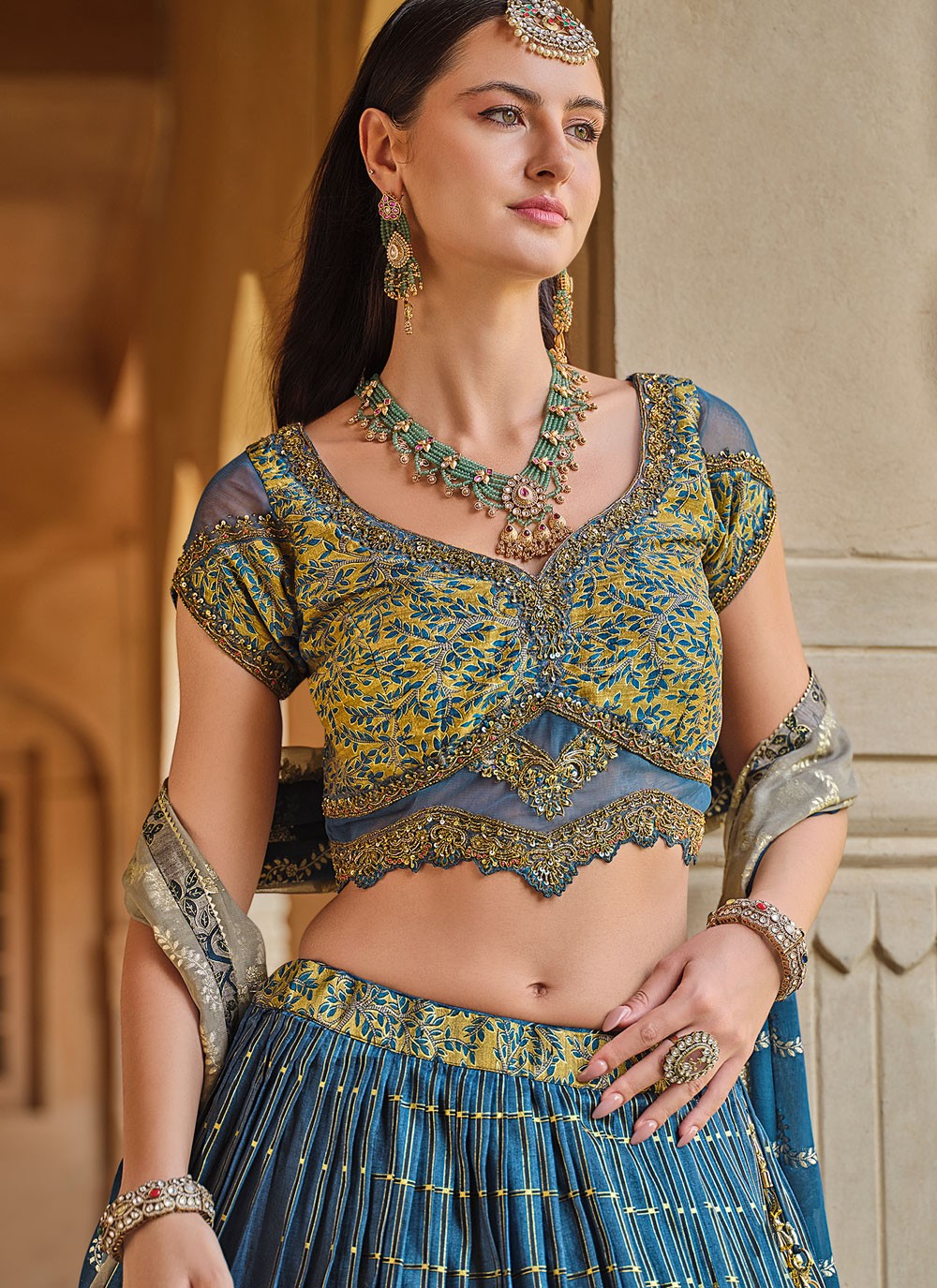 Foliage Prints Silk Morpeach Lehenga - L3240