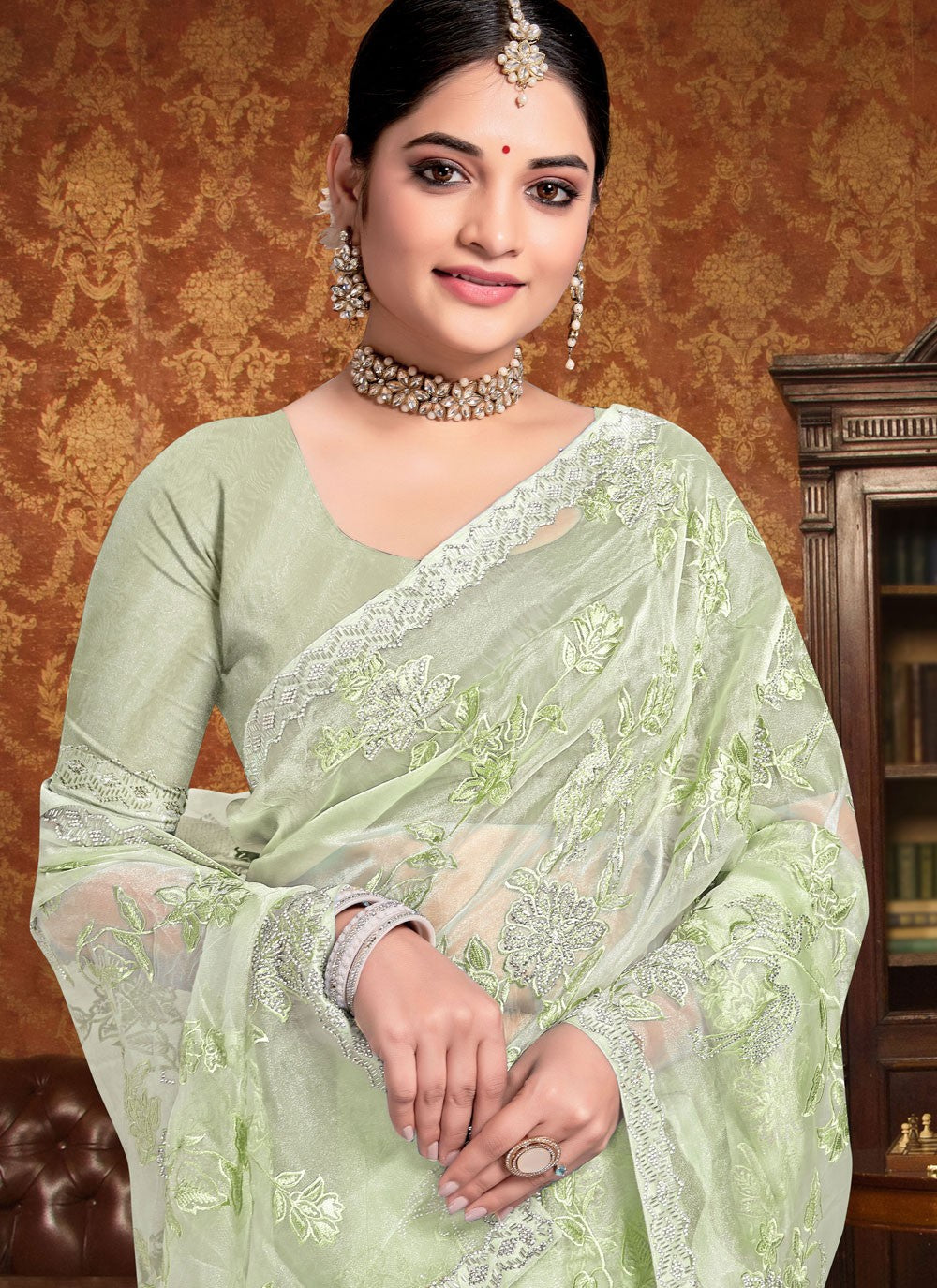 Designer Embroidered Green, Grey Organza Saree S13253