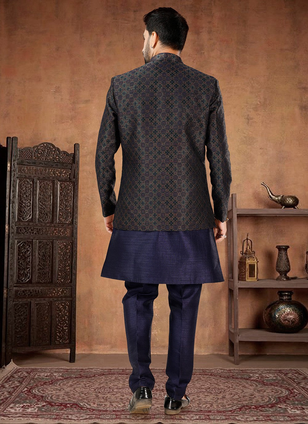 Embroidered Jacquard, Silk Green, Navy Blue Indo Western - M7022