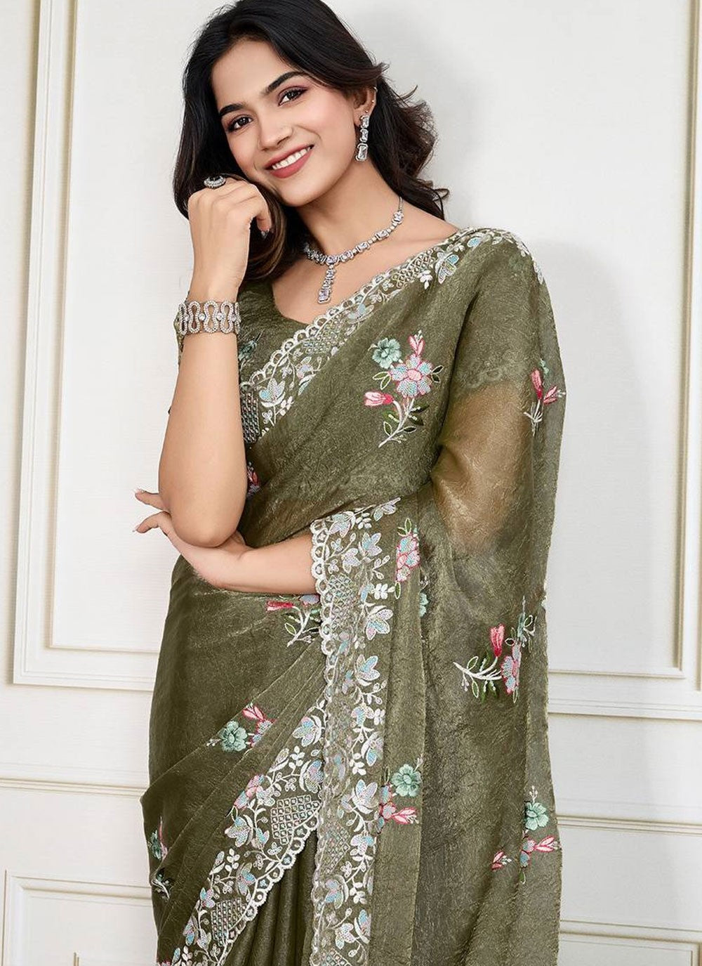 Cut Work Silk Green Saree S14225