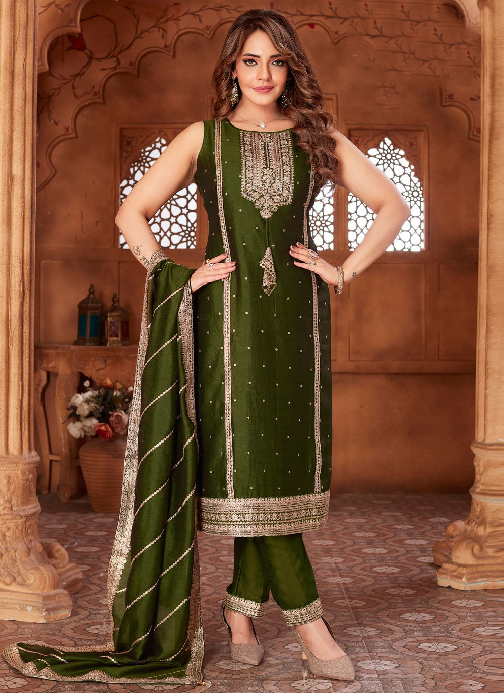 Pant Style Suit Embroidered, Zari Green T7886