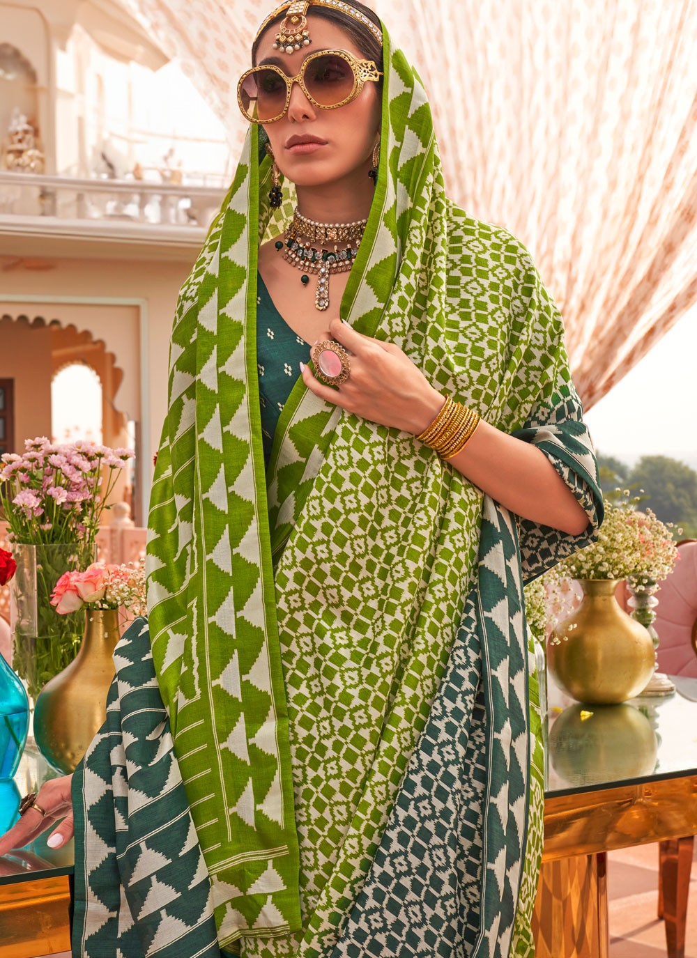 Classic Saree Geometric Print Green Silk S12552