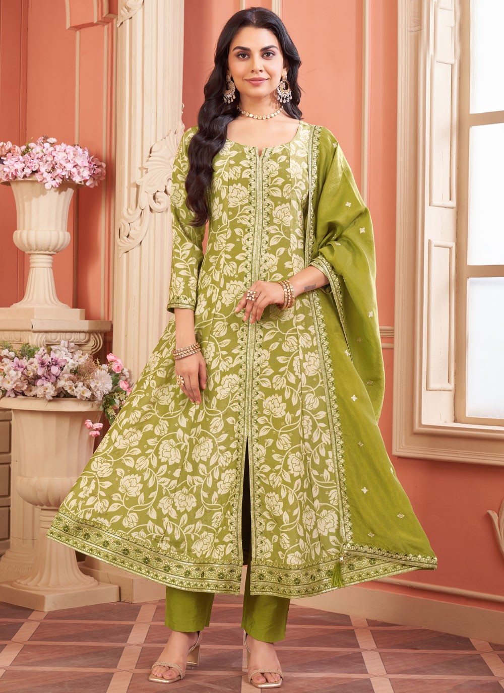 Embroidered Silk Green Salwar Suit T6049
