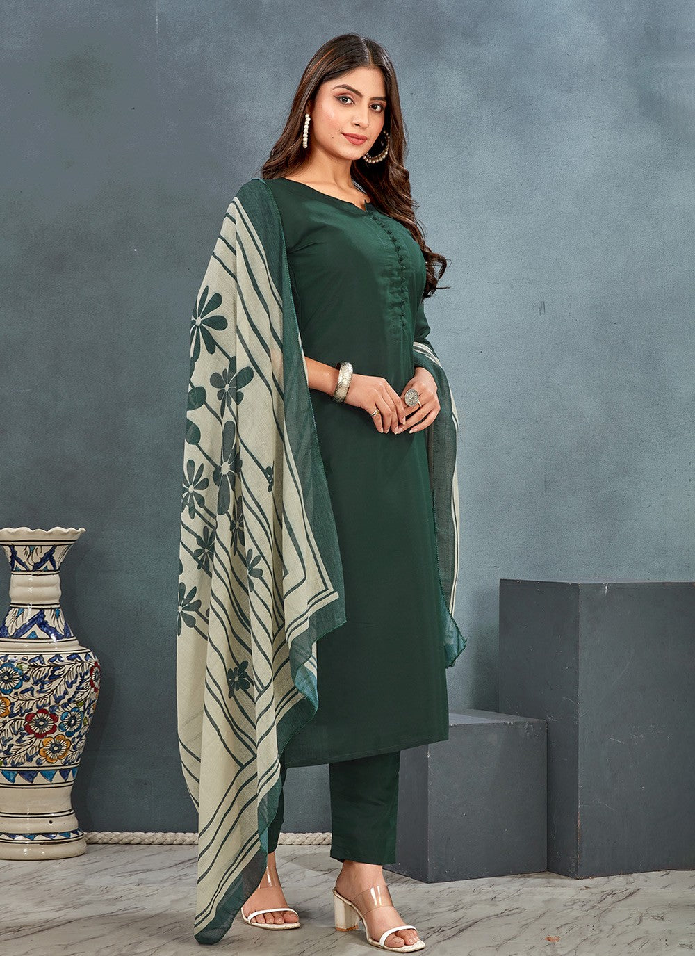 Pant Style Suit Plain Green Silk T5004