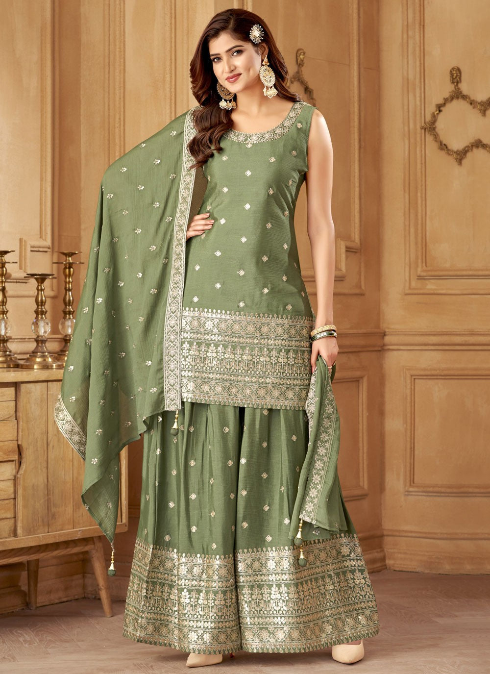 Salwar Suit Embroidered Green Silk T5595