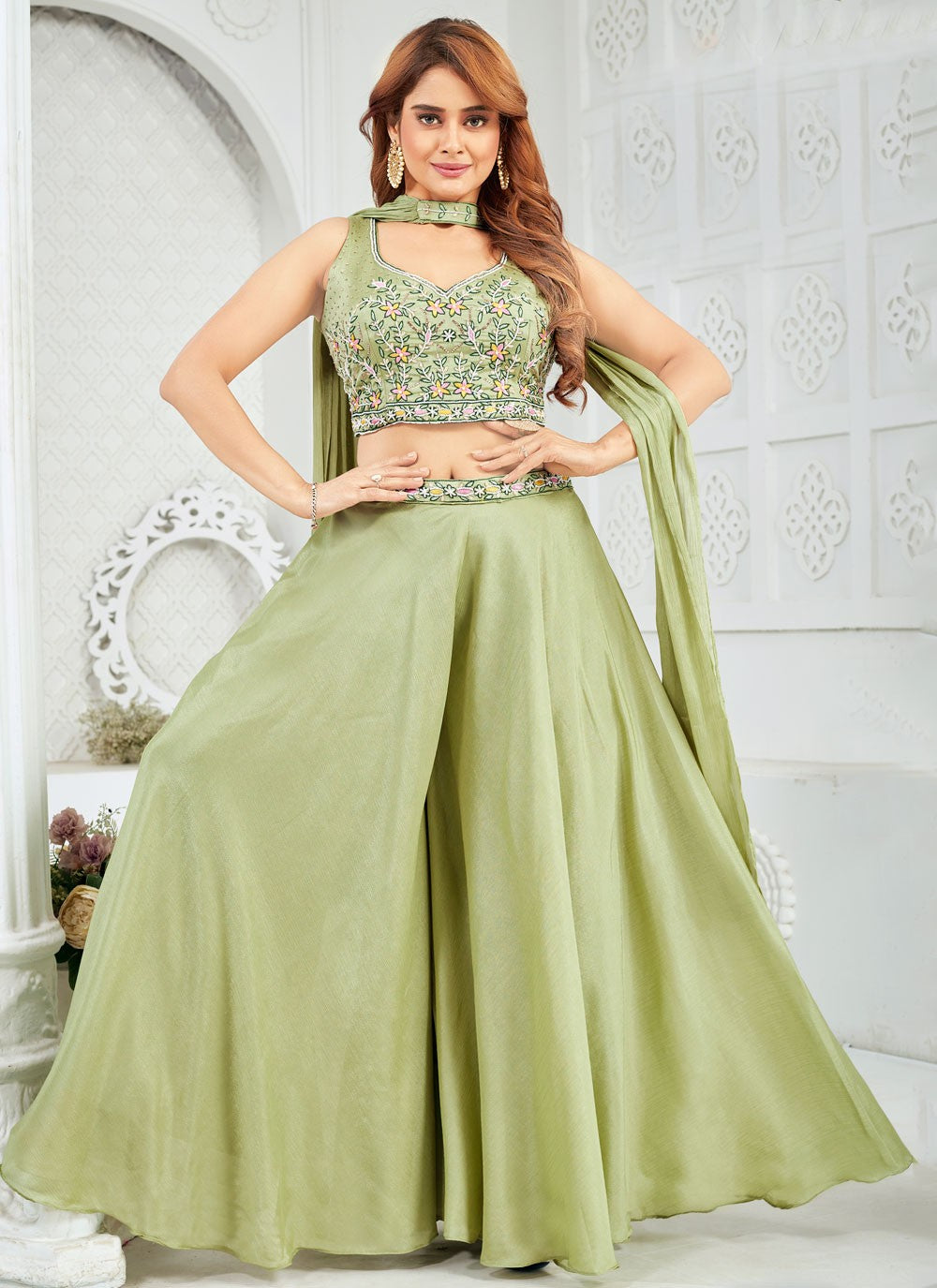 Salwar Suit Embroidered Green Silk T5876