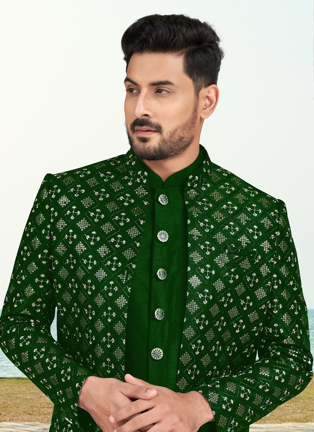 Machine Embroidery Silk Green Sherwani - M6779