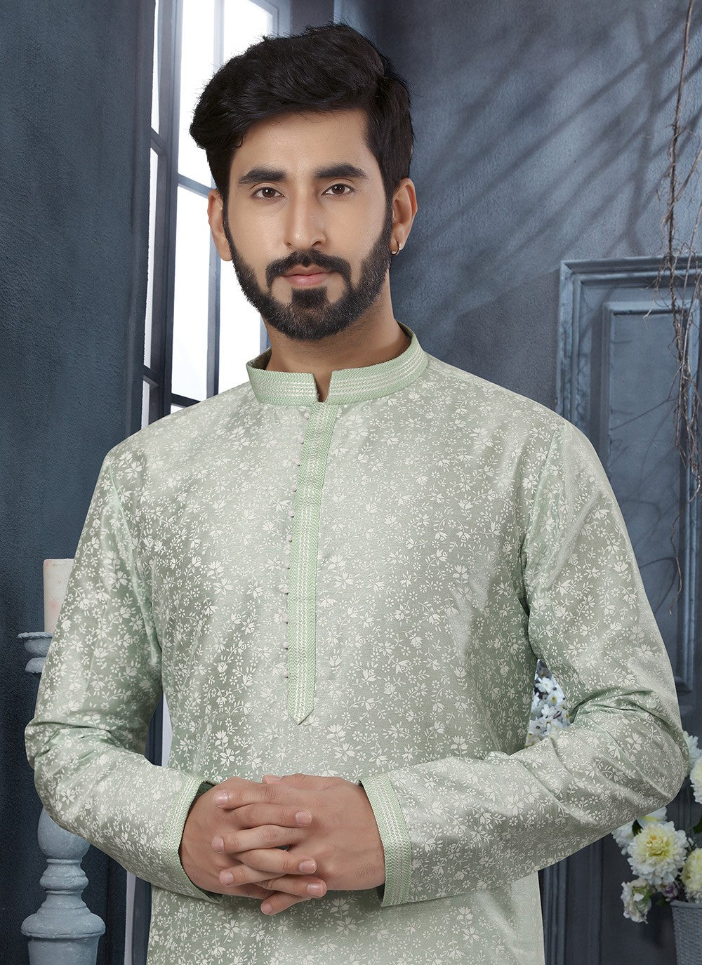 Digital Print Silk Green Kurta - M5743