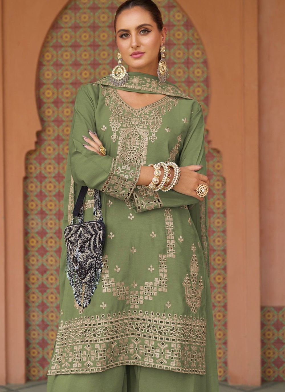 Palazzo Suit Embroidered, Zari Green T6700