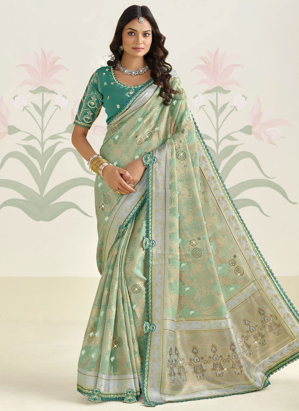 Designer Weaving Zari Green Silk S13014