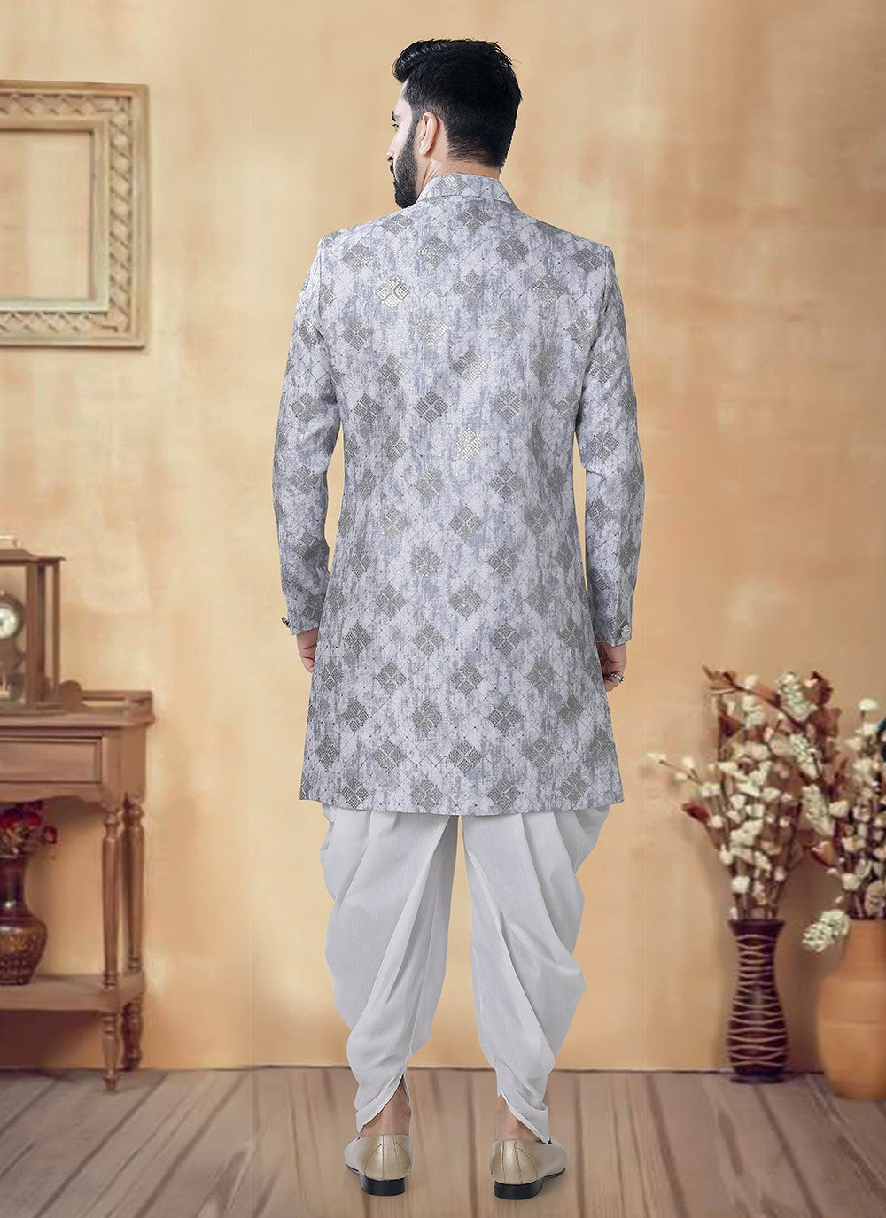 Sequins Silk Grey Sherwani - M8514