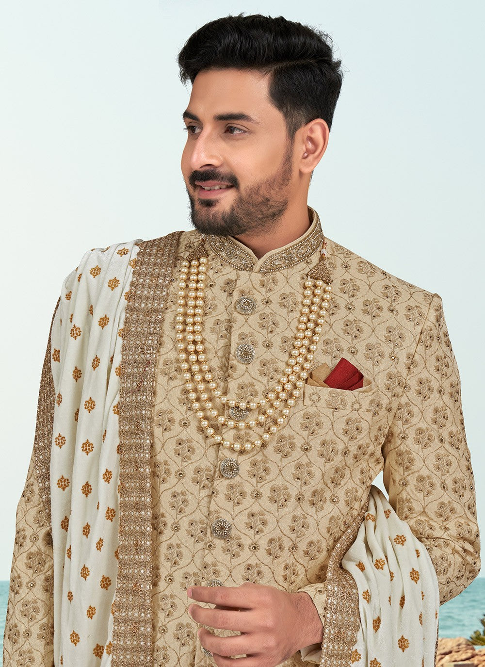 Hand Embroidery Silk Gold Indo Western Sherwani - M6601
