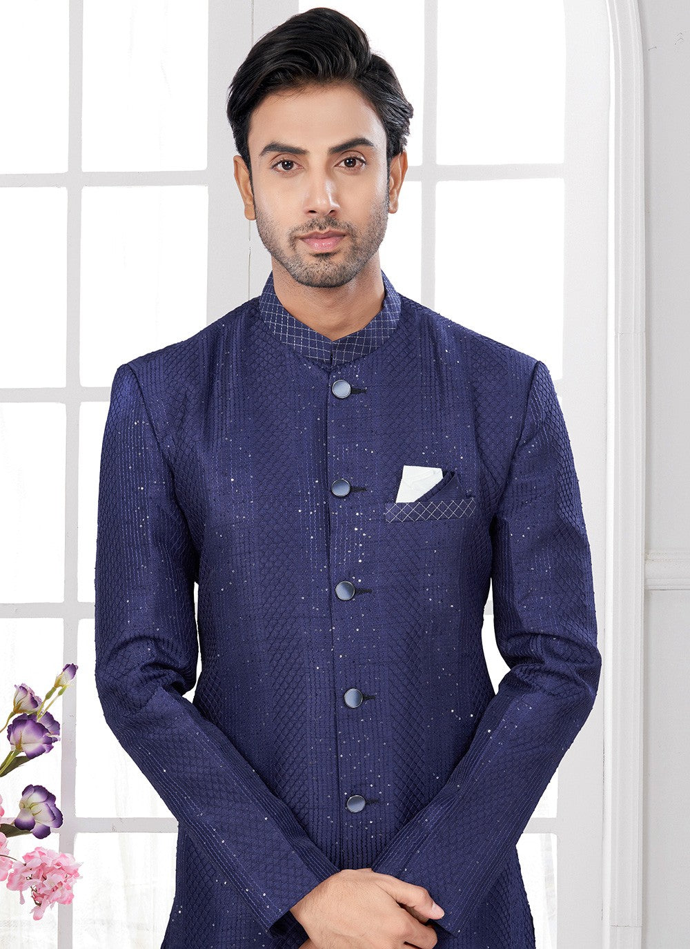 Machine Embroidery Silk Blue Indo Western - M8654