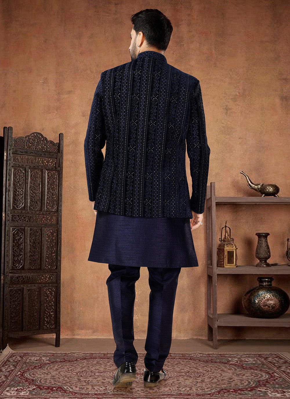 Embroidered Silk, Velvet Blue, Navy Blue Indo Western - M7020