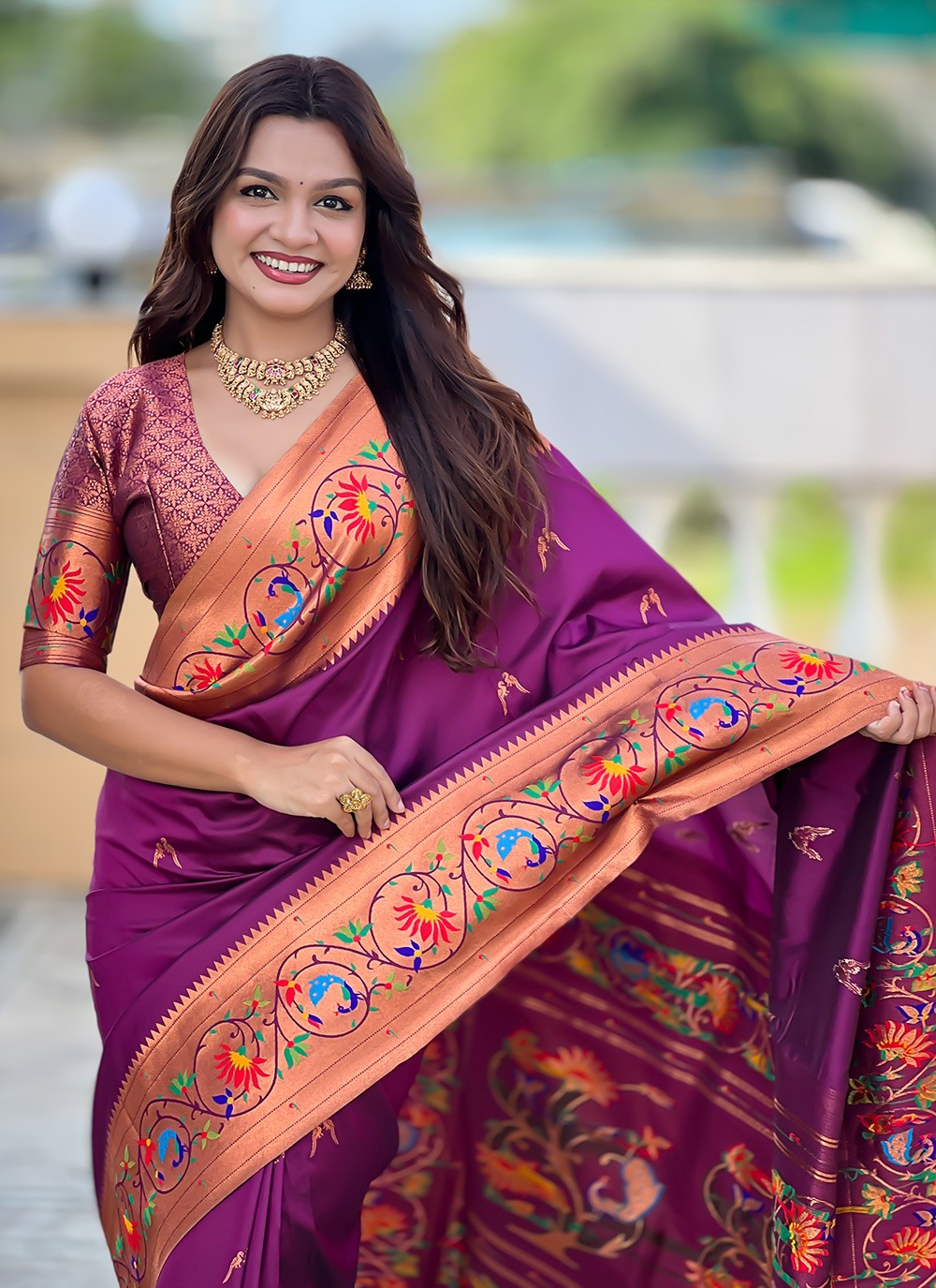 Wine Silk Classic Saree Jacquard Work, Meenakari S19947