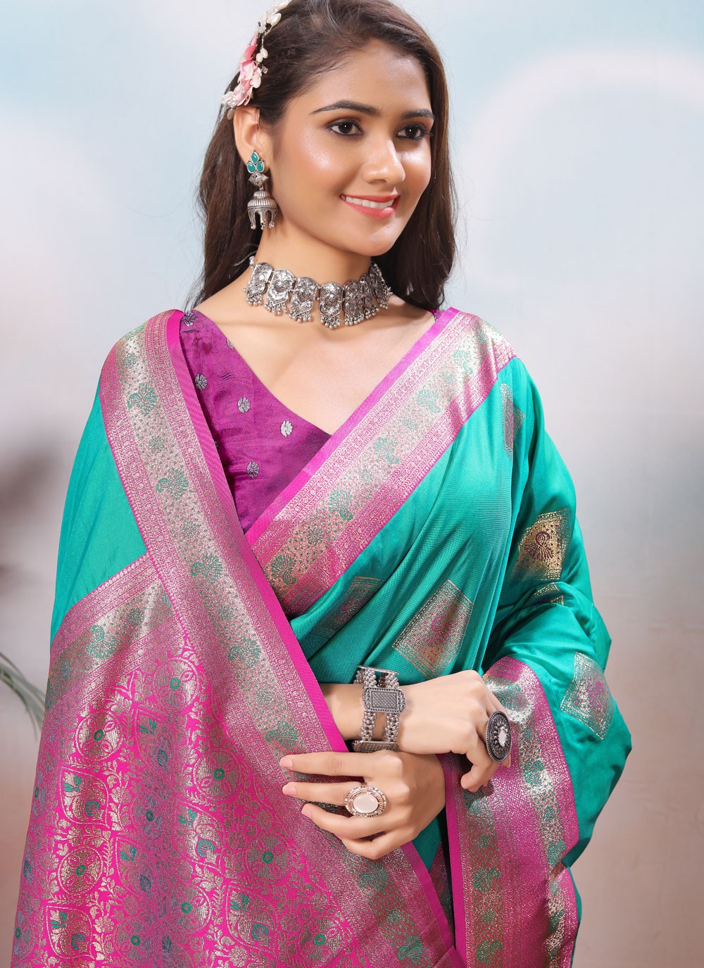 Border Work Silk Turquoise Contemporary Saree S15423