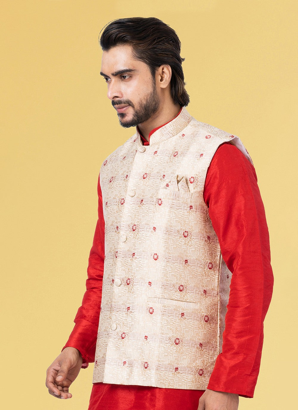 Jacquard Work Silk Cream Nehru Jackets - M7450