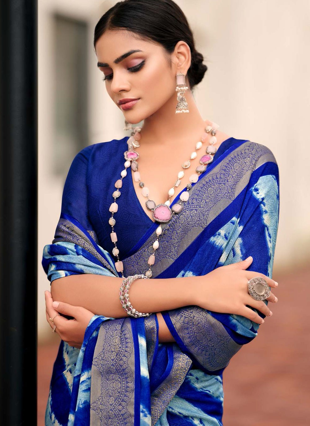 Blue Silk Designer Saree Border Work, Jacquard Work, Strips S17881