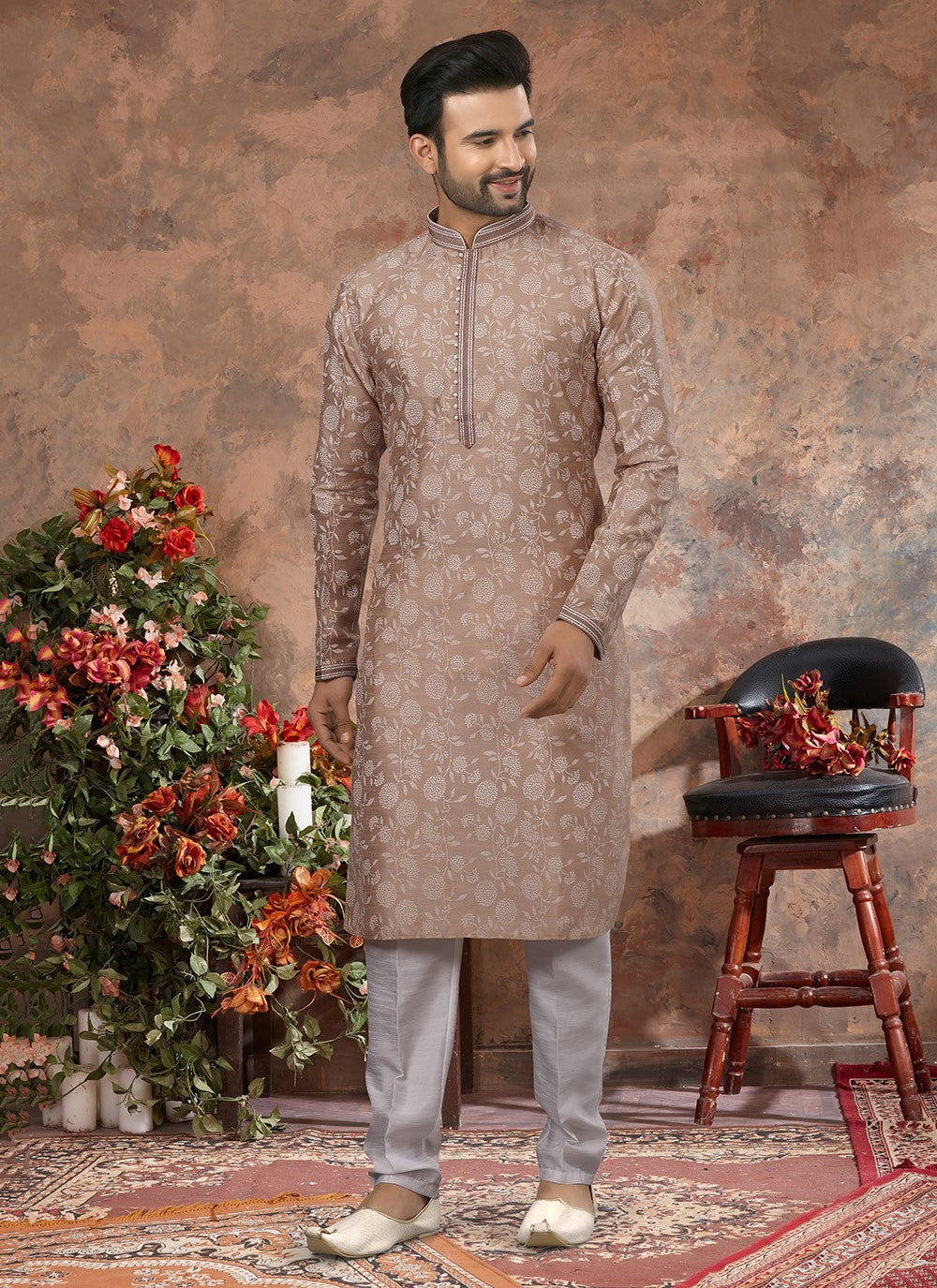 Digital Print Silk Brown Kurta - M5742