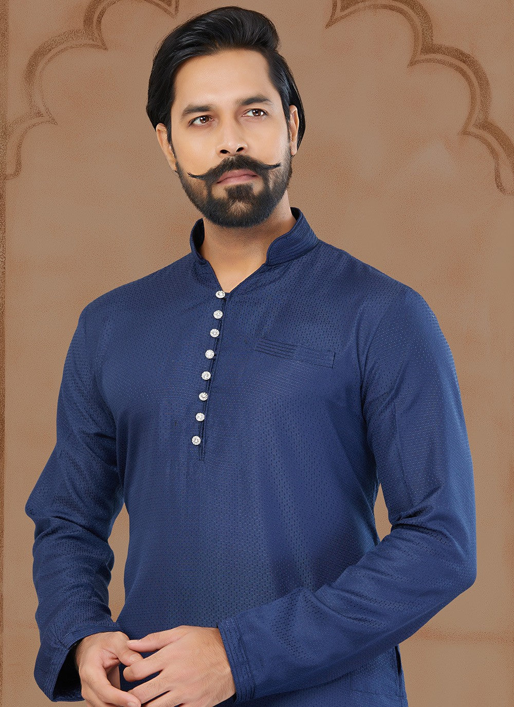 Fancy Work Silk Navy Blue Kurta - M5766
