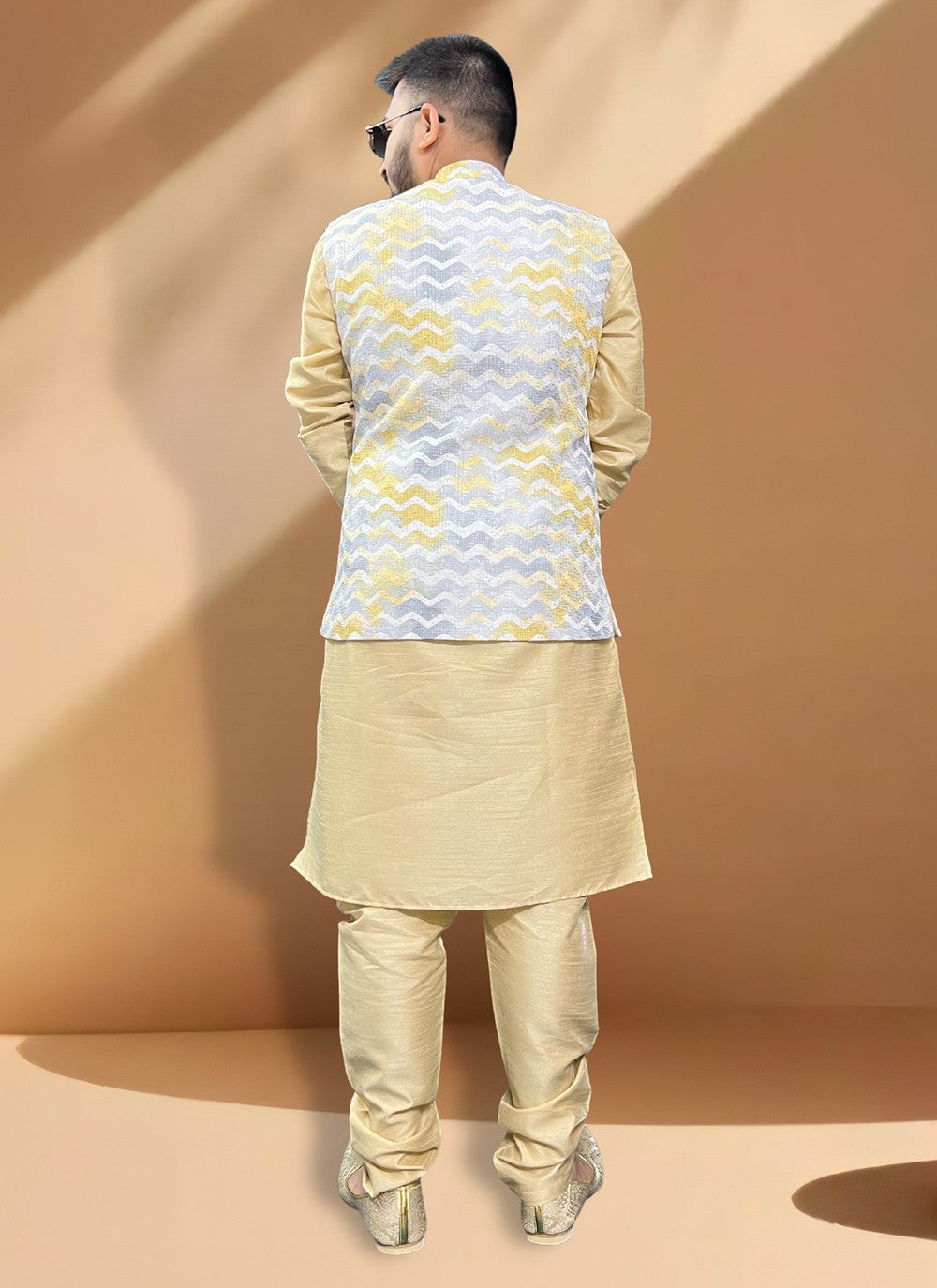 Embroidered Cotton , Silk Gold, Grey Kurta Payjama With Jacket - M5404