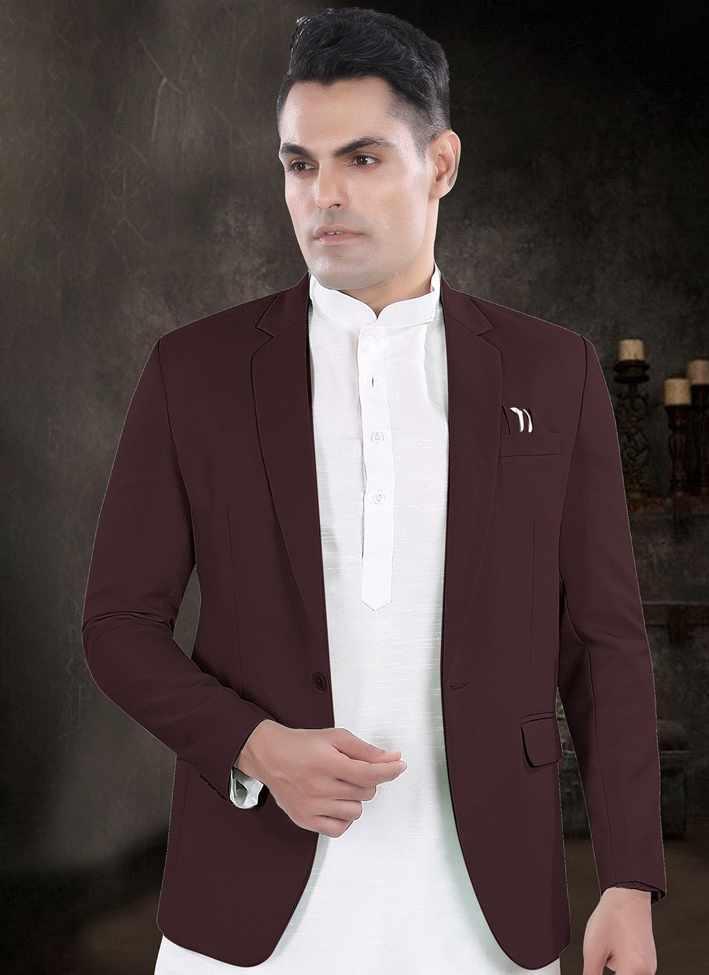 Plain Silk, Viscose Off White, Wine Kurta Payjama With Jacket - M8172