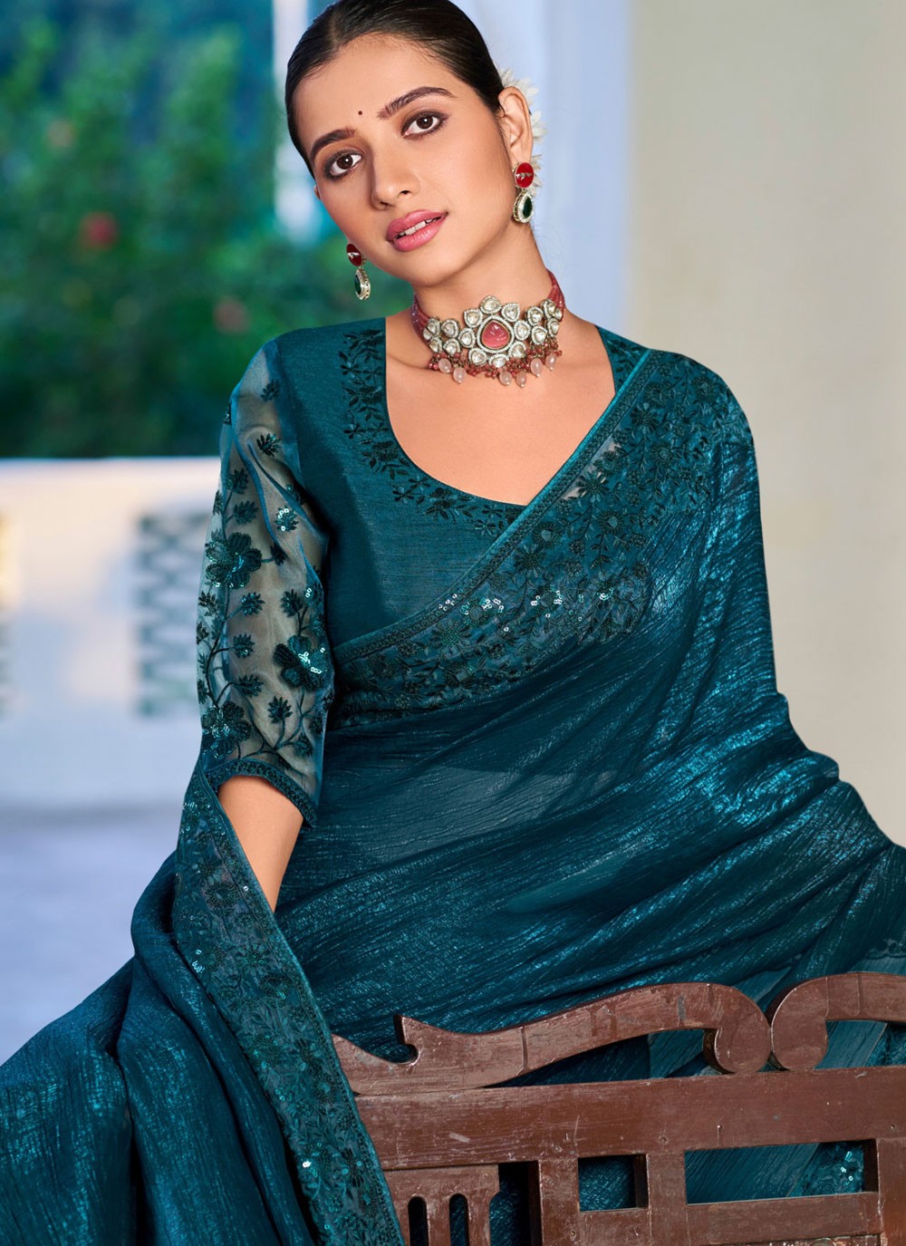Teal Silk Trendy Saree Embroidered, Lace S20135