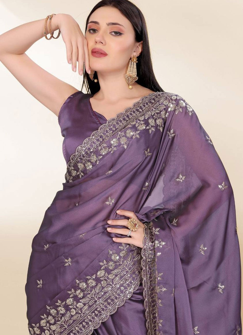 Classic Saree Embroidered Lavender Chinon Saree S13671